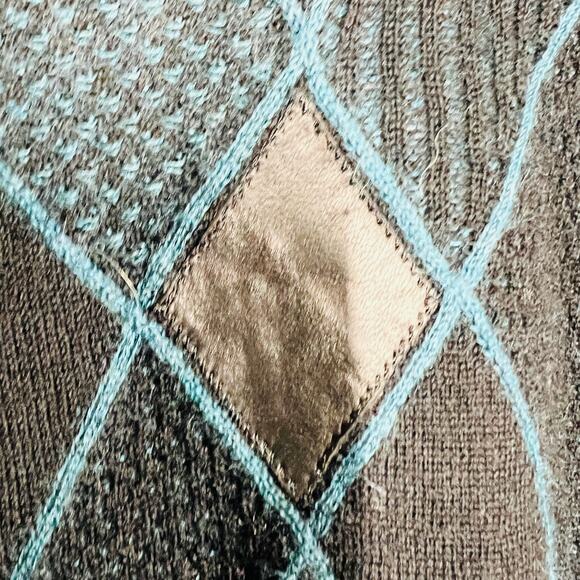 Vintage 80s Torras Leather Accent Argyle Sweater Mock Neck Side Button - 42 - Picture 7 of 10